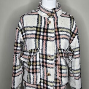 Bagatelle Checkered Teddy Jacket in Cream, Pink, and Black